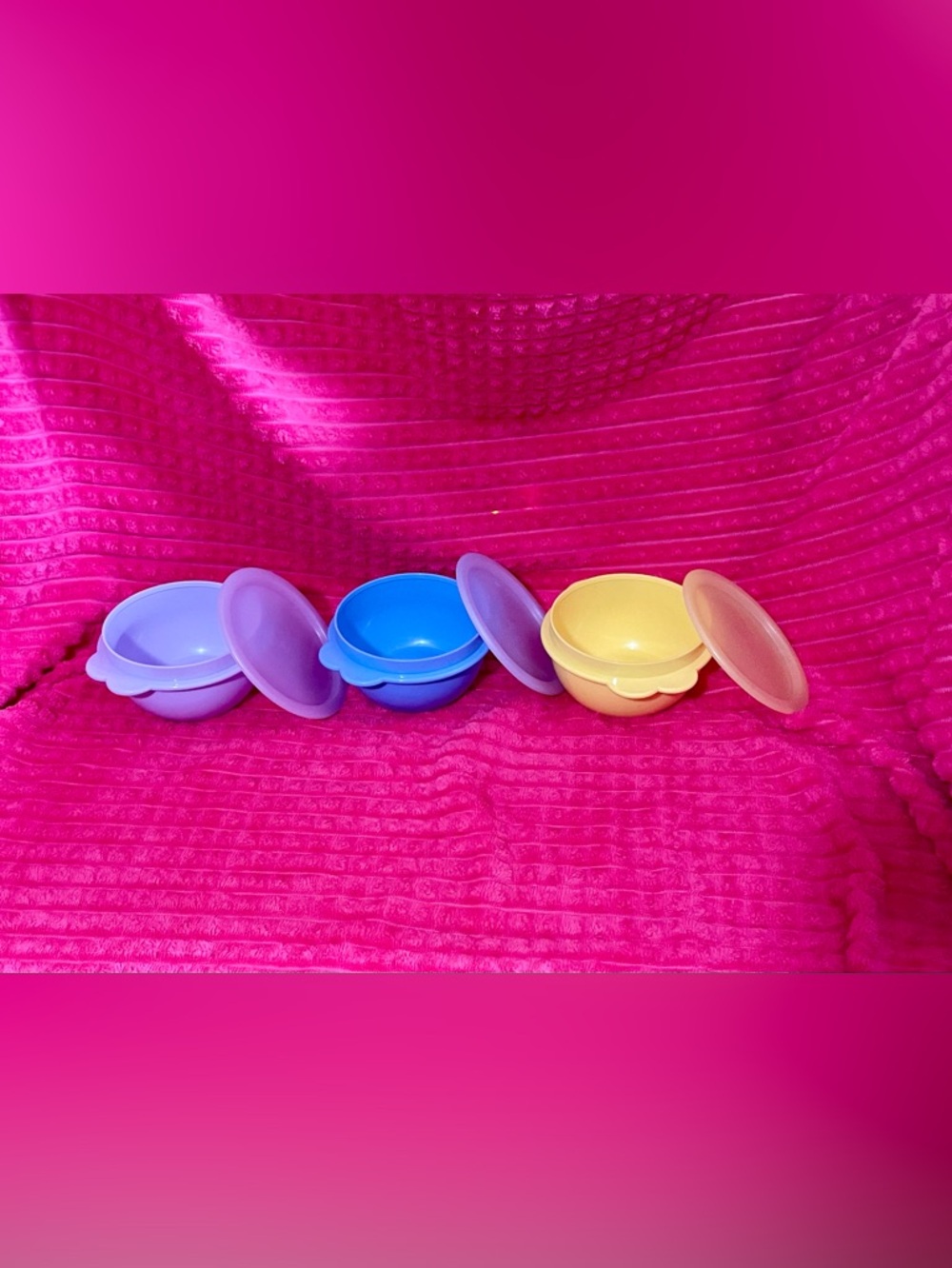 Tupperware Pastel Snack Bowls with Lids - Purple, Blue, Yellow